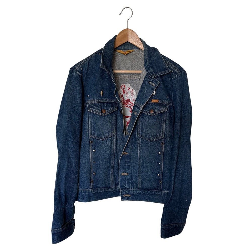 Rustler Denim Jacket Women Medium Blue Exc. Studded‎ Embroidered Flaming Rose
